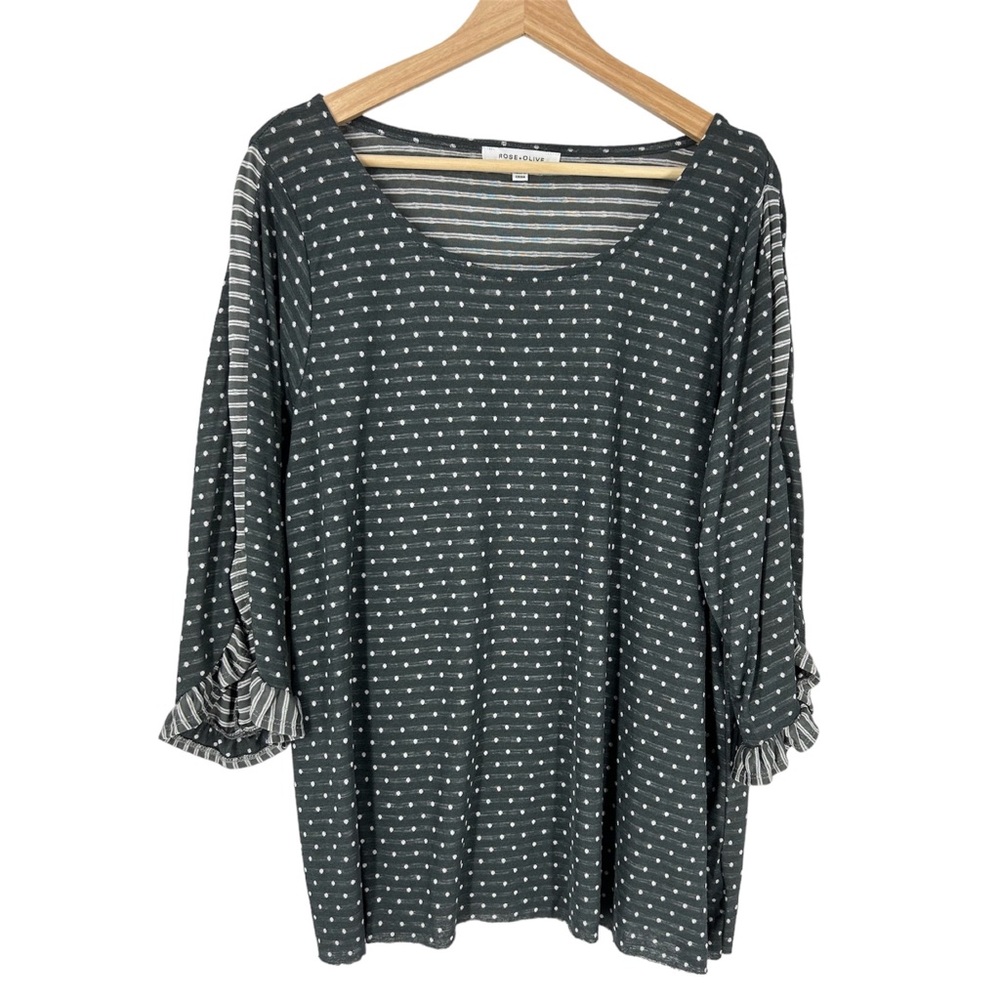 Rose + Olive Gray White Polka Dot Print Cotton Blend 3/4 Sleeve Blouse